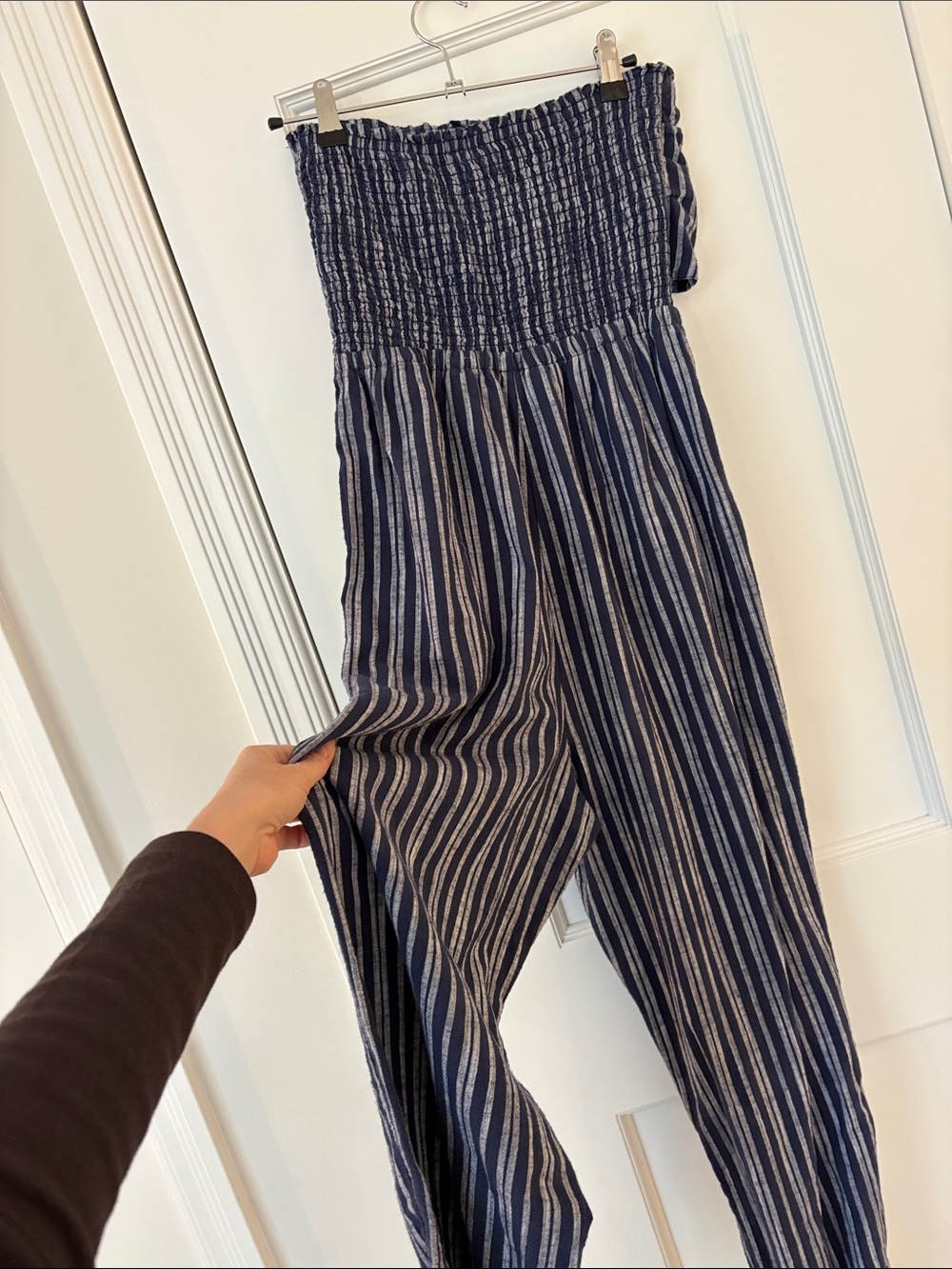 Aerie Navy and White Striped Strapless Jumpsuit with Cute Tie Bust - Picture 8 of 11